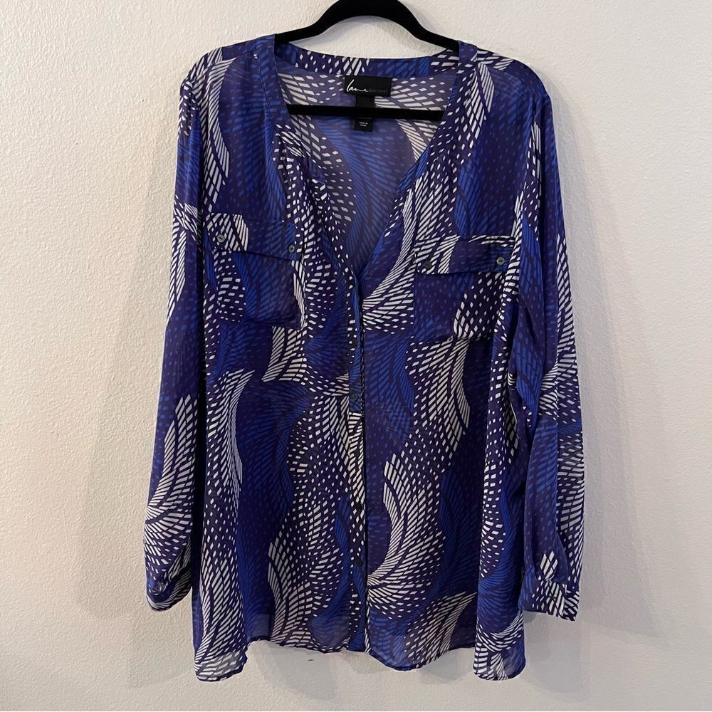 Lane Bryant Blouse Size 26/28 Blue LongโSleeve Sheer Career Roll-tabโSleeves